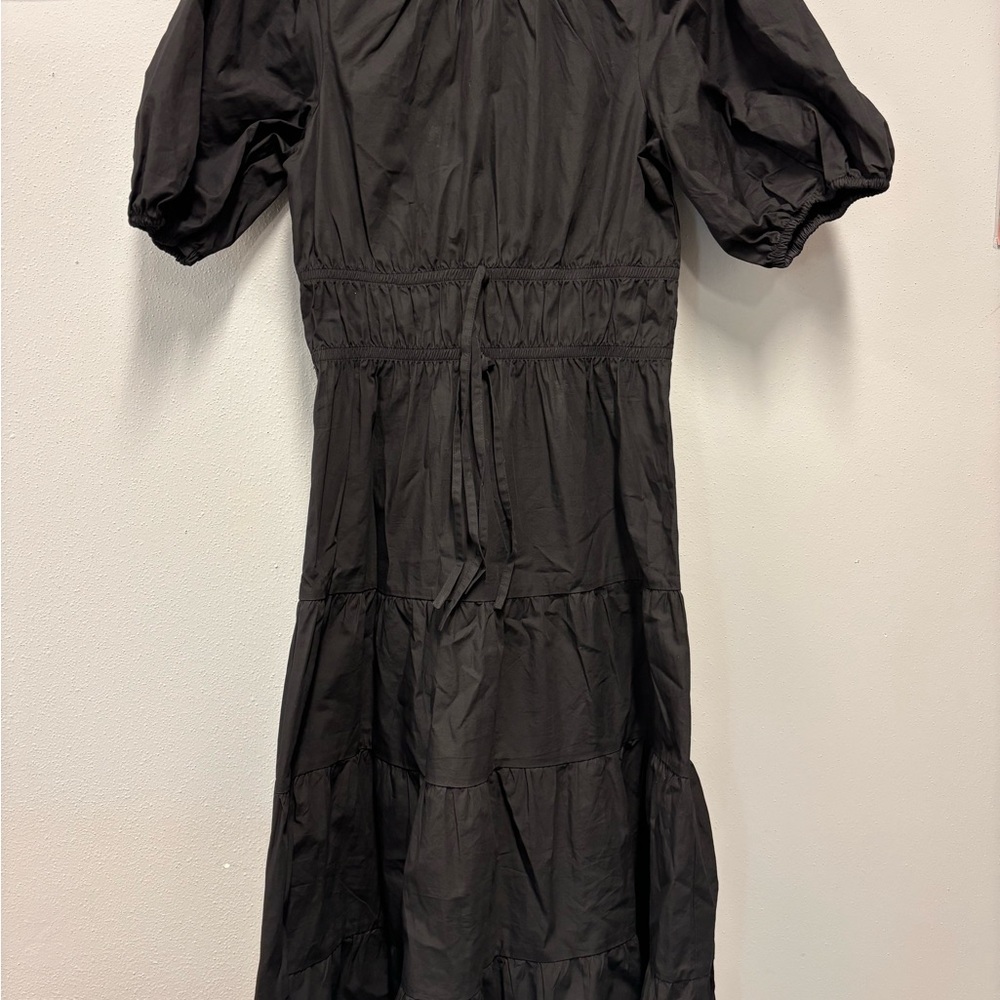 GREYLIN Gloria Poplin Tiered Dress BlackTie waist Midi Puff Sleeve Shirred Waist - Picture 8 of 8